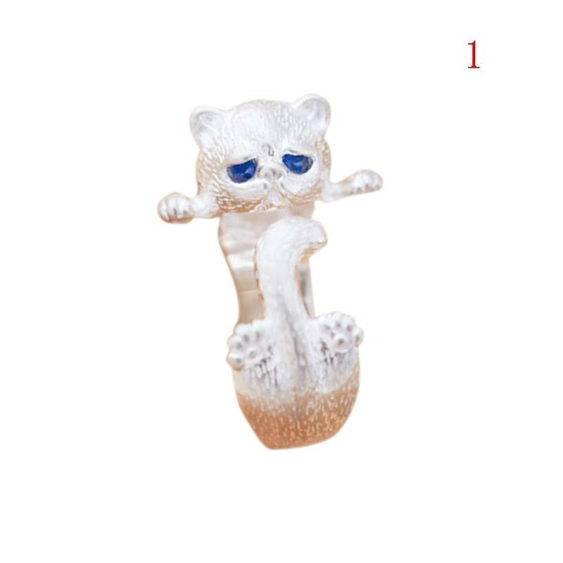 Cute Lovely Animal Cat Open Ring Silver Plated Jewelry Blue Crystal Eyes