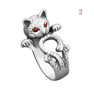 Cute Lovely Animal Cat Open Ring Silver Plated Jewelry Blue Crystal Eyes