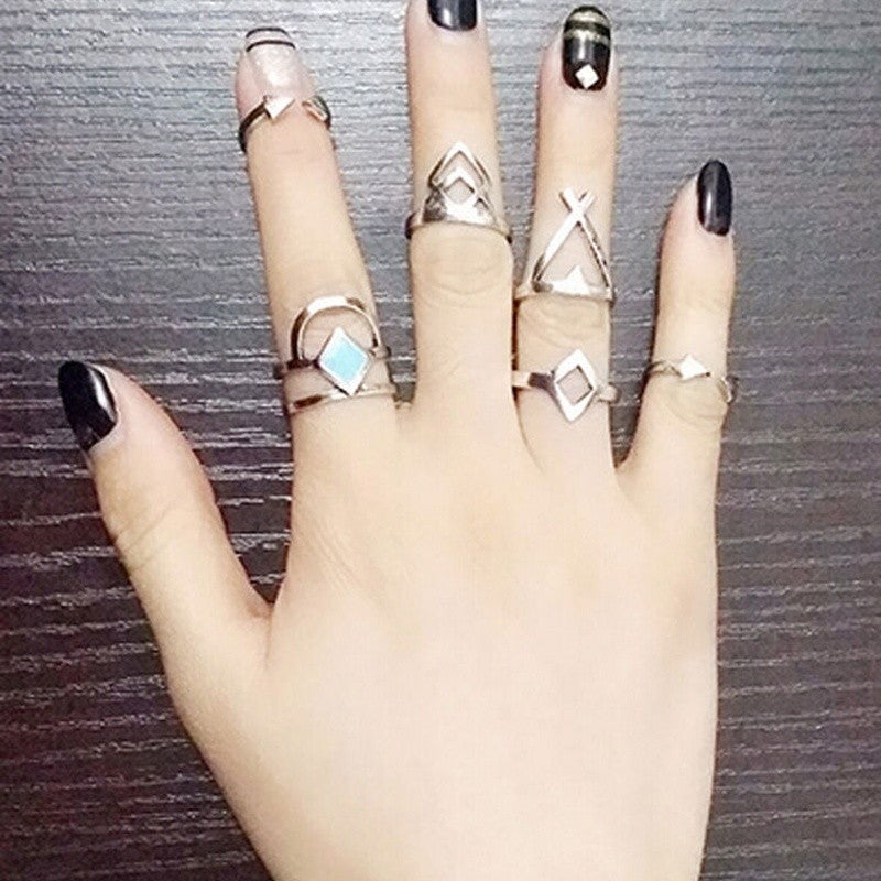 6PCs Fashion Vintage Retro Punk Women Silver Plated Turquoise Moon Arrow Rings Set Stylish Jewelry Lovers Girlfriend Gift