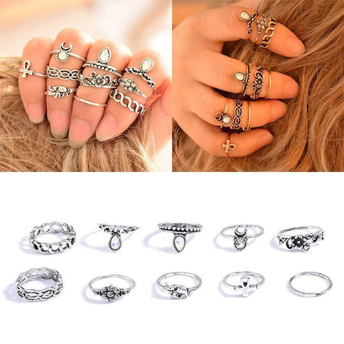 10Pcs/ Set Retro Punk Alloy Arrow Moon Flower Knuckle Rings