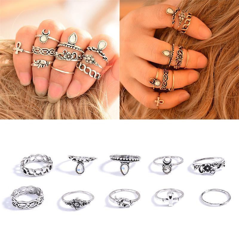 10Pcs/ Set Retro Punk Alloy Arrow Moon Flower Knuckle Rings