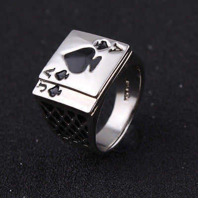 Cool Jewelry Chunky 18K white Gold Plated Black Enamel Spades Poker Ring