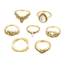 Load image into Gallery viewer, European and American new retro exaggerated carved stone lotus shape 7 piece set of ring