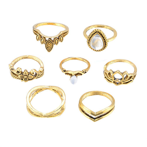 European and American new retro exaggerated carved stone lotus shape 7 piece set of ring