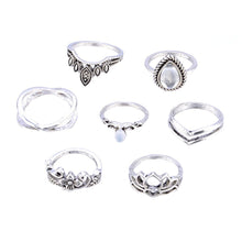 Load image into Gallery viewer, European and American new retro exaggerated carved stone lotus shape 7 piece set of ring