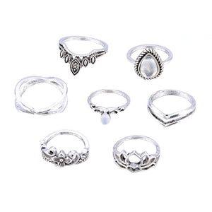 European and American new retro exaggerated carved stone lotus shape 7 piece set of ring